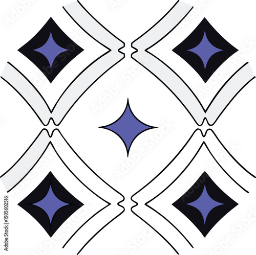 Abstract geometric composition with blue diamonds and white curved lines on transparency