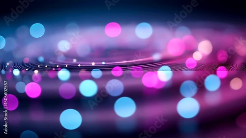 Abstract soft purple and blue blurred bokeh lights with flowing line patterns and bokeh shapes that float on a reflective surface