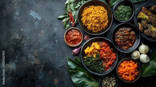 Flat lay of Indonesian Nasi Padang variety plate, featuring rendang, sambal, cassava leaves, crispy toppings, colorful spicy composition,