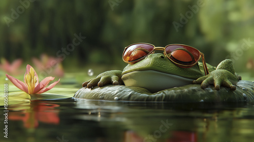 A frog wearing sunglasses lies on a lily pad, surrounded by water lilies and greenery.