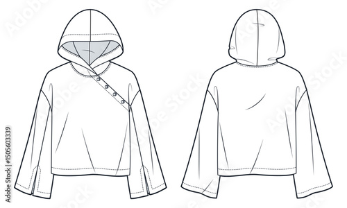 Asymmetric Button up Crop Hoodie with Wide Sleeves Technical Fashion Illustration. Hooded Sweatshirt fashion flat technical drawing template, front and back view, white, women, men, unisex CAD mockup.