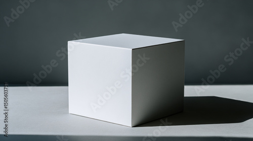 A simple white cube sitting on a white surface with a grey background in a studio setting
