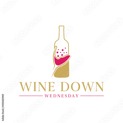 Elegant Wine Down Wednesday logo design featuring a wine bottle and an abstract glass in a gold and red color scheme