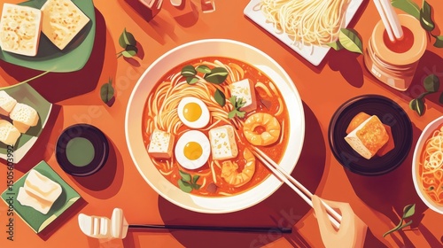 Flat lay of Malaysian laksa with noodles, egg, tofu, shrimp, spicy curry broth, bold tones