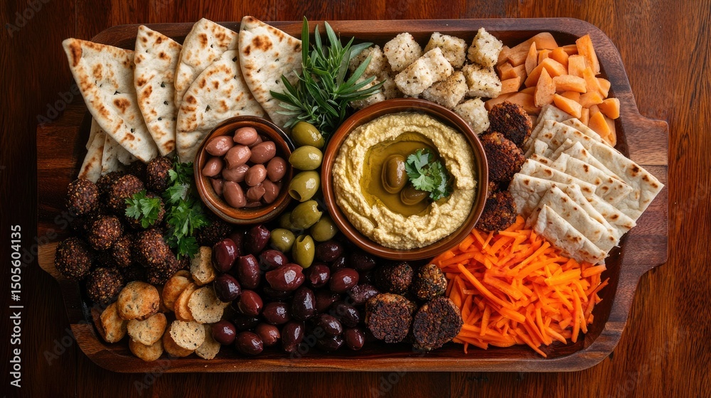 Fototapeta premium Flat lay of Middle Eastern mezze platter with hummus, falafel, olives, and pita, earthy warm tones with pops of green,