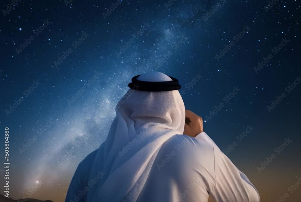 Exploring the night sky in the desert with a view of the Milky Way and a robed observer under twinkling stars Exploring the night sky in the desert with a view of the Milky Way and a robed observer under twinkling stars
