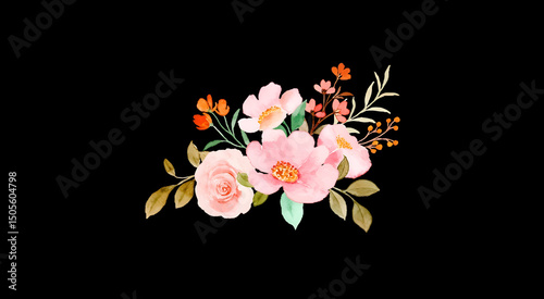 watercolor floral bouquet with pink and orange flowers on black background