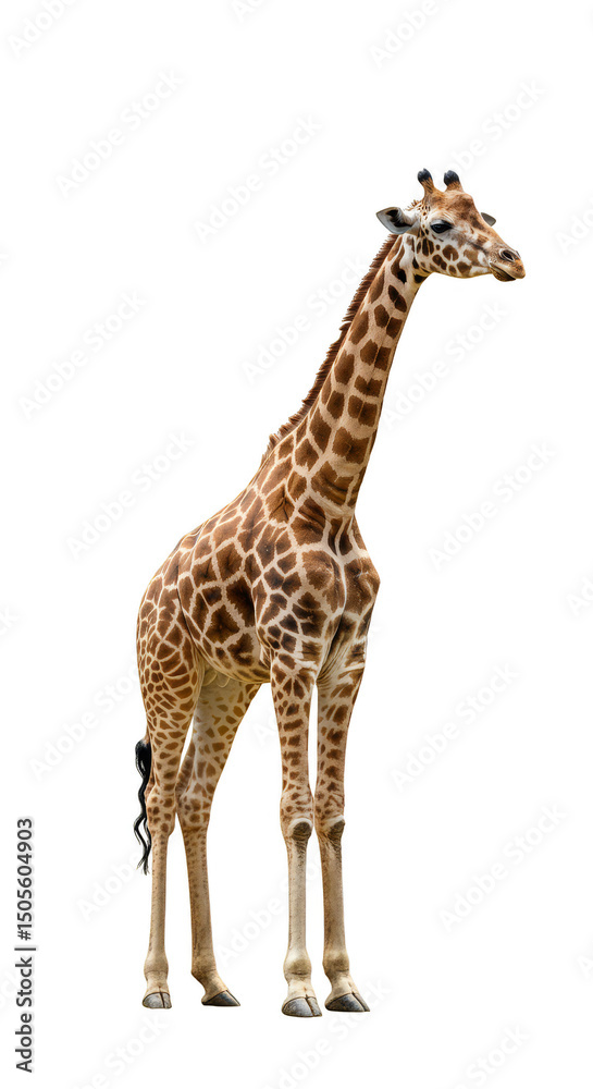 Naklejka premium Tall Standing Giraffe Isolated On Transparent Background Photo