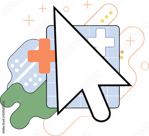 Abstract healthcare illustration with geometric shapes and cross symbols