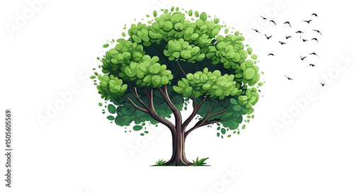 large green tree illustration with flying birds on white background
