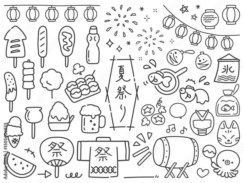 Fototapeta premium 夏祭りの手描きアイコンセット03