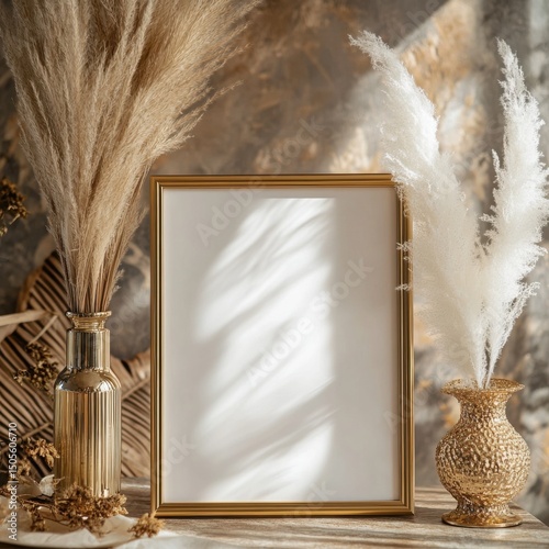 Gold empty table sign with gold vase with pampas grass on festive table, Table sign mockup, Table number