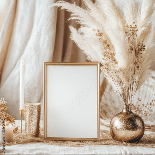 Gold empty table sign with gold vase with pampas grass on festive table, Table sign mockup, Table number