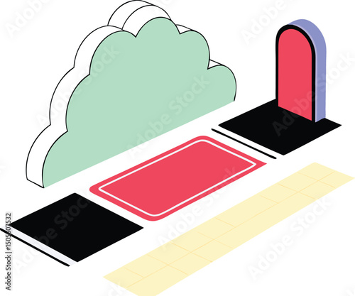 Abstract isometric composition with cloud archway and geometric color elements