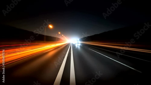 A mesmerizing view of a highway at night with streaks of light from passing cars against the dark sky