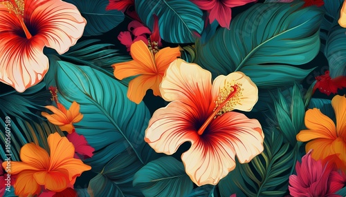 Wallpaper Mural tropical floral seamless pattern background with hibiscus flowers and monstera leaves generative ai Torontodigital.ca
