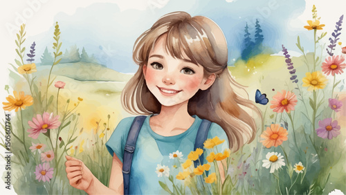 Watercolor illustration of a smiling teenage girl on a background of a blooming summer field. She is holding wildflowers