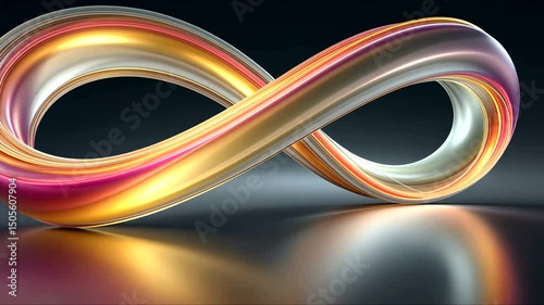 A lustrous infinity symbol gleams with warm tones against a dark backdrop, its fluid form reflected on a sleek surface