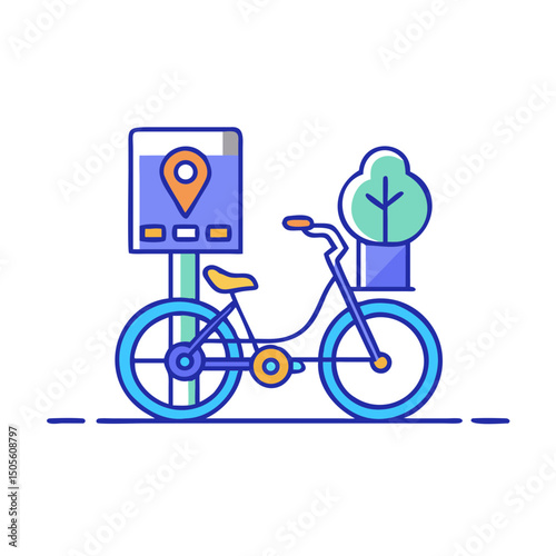 Colorful bicycle sharing graphic with location sign and plant in basket