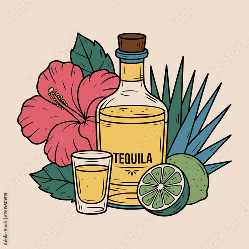 Tequila Bottle with Lime and Hibiscus Floral Illustration