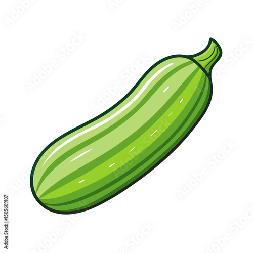 A cartoon illustration of a vibrant green zucchini against a white background