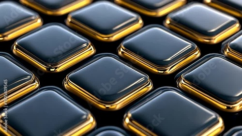 Array of dark diamonds, framed in shimmering gold, arranged on a dark surface, reflecting light, and creating abstract repetition