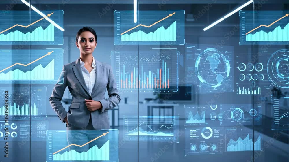 Professional woman in a suit stands confidently in a modern office with data visualizations and charts