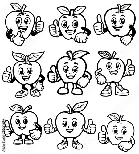 vector icon pack, mascot or character, apple fruit, outline edition