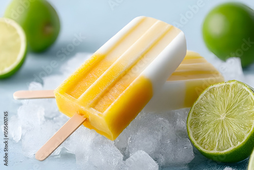 Refreshing lime and mango popsicles on ice, perfect for a hot summer day. Enjoy a burst of flavor and coolness. photo