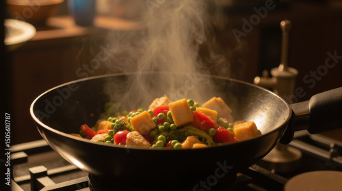 Cooking vegetables in frying pan with steam rising, showcasing colorful ingredients like peas, broccoli, and bell peppers