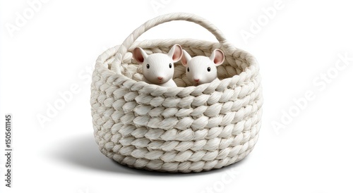 Two small, white mice nestled within a knitted basket