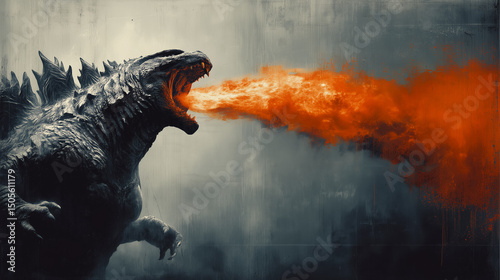 Fire-breathing monster roaring with flames against dark textured background.
