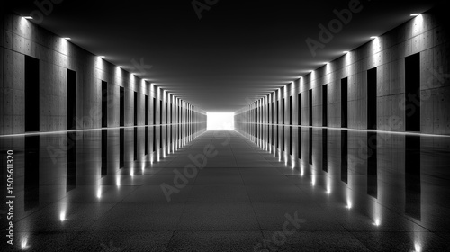 Futuristic symmetrical hallway with dramatic lighting and reflections.