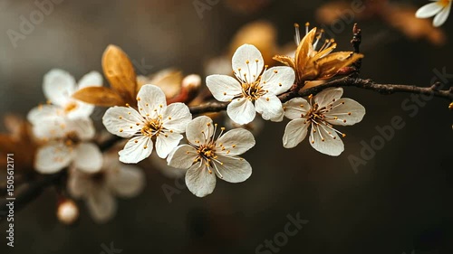 Blossoming branch featuring small white flowers with yellow pistils and stamen, accented by delicate gold leaves, all set against a dark backdrop