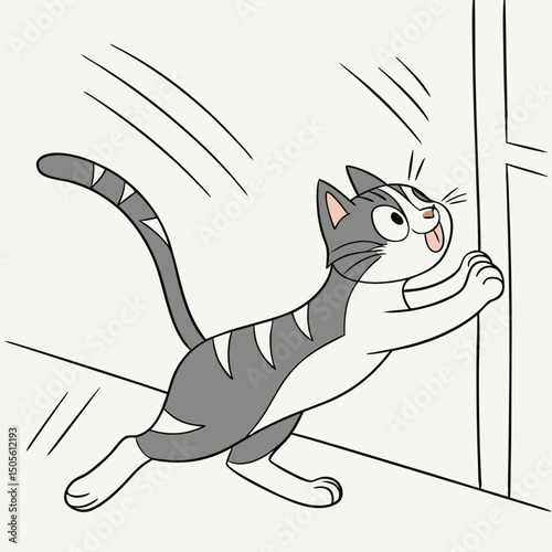 Animated cartoon cat attempting to reach or interact with a glass window