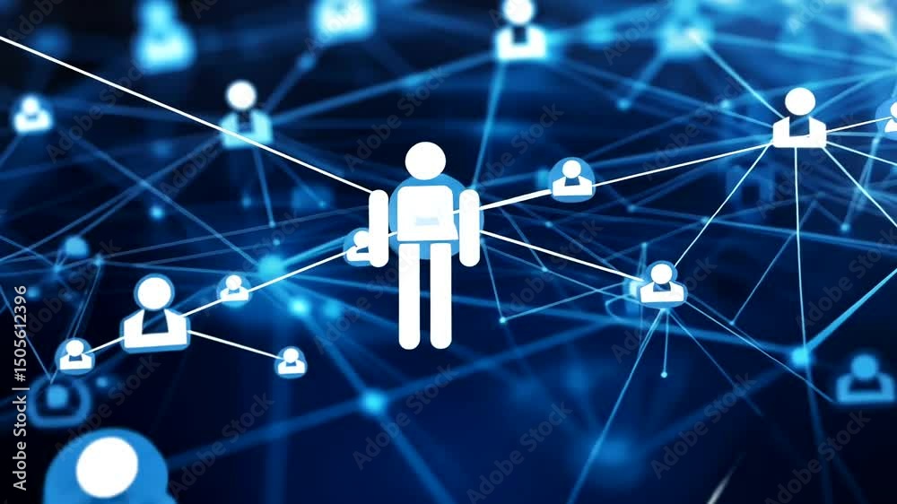 Abstract illustration of connected human figures linked by lines on a dark blue gradient background symbolizing network and connectivity