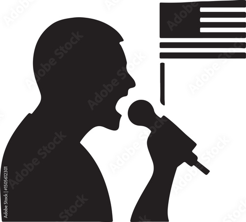 Patriotic Speech: A silhouette of a person passionately delivers a speech into a microphone, accompanied by the flag of United States, expressing national pride and engaging the crowd.