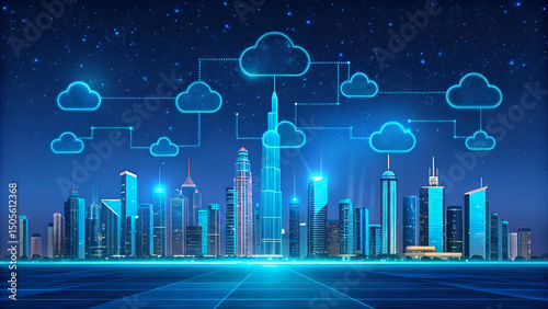 Transforming skyline, this digital cityscape showcases cloud computing and DevOps, illustrating future of technology and innovation