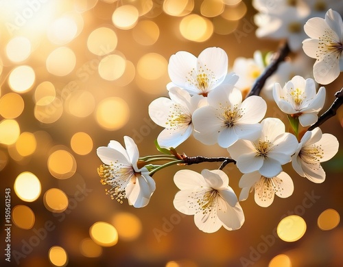 white blossoms against gold bokeh background