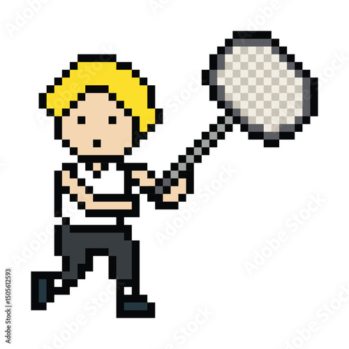 Cute cartoon pixel character cute man exercise training play badminton tennis lifestyle decoration life style 8 bit male boy game badminton 8bit fitness isolated PNG vector.