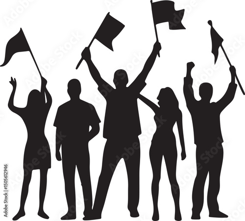 Embracing the Revolution: Silhouette people holding up the flags. This monochromatic image captures the essence of unity, freedom, and solidarity.