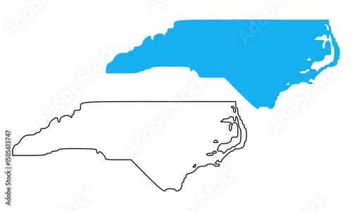 Map of the state of North Carolina, United States. Map with detailed outlines and blue silhouettes	