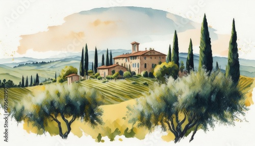 picturesque tuscany villas amidst olive groves in minimalist watercolor landscape