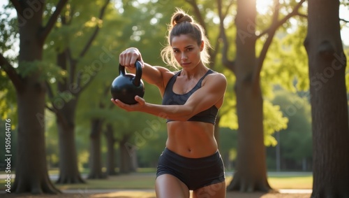 Atleta de fitness femenina haciendo balanceos con pesas rusas en un espacio de entrenamiento al aire libre