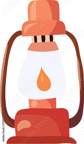 Simple red camping lantern with handle. Flat design of vintage kerosene lamp with wick. Illustrated vector clip art.