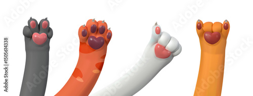 Set of paws with heart in 3d style. Greeting, class, goat, Victoria gesture. Vector illustration