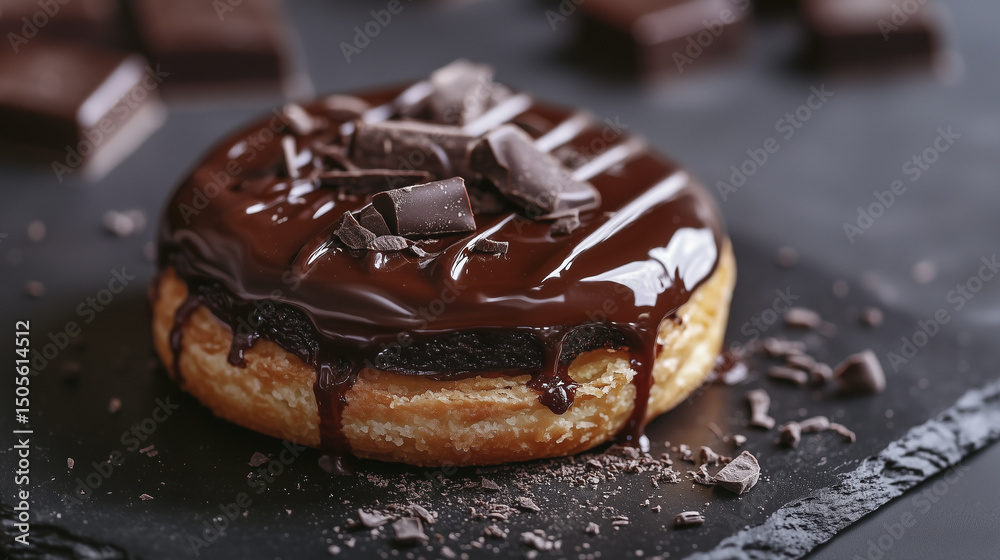A donut with a glossy chocolate glaze, chocolate chips on top, and a chocolate filling visible at the bottom. A donut with a glossy chocolate glaze, chocolate chips on top, and a chocolate filling visible at the bottom.