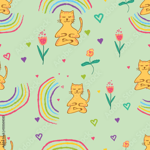 Cute yoga cat illustration with colorful doodles and natural elements – seamless repeat on soft green for fabric, paper, digital and nursery use.