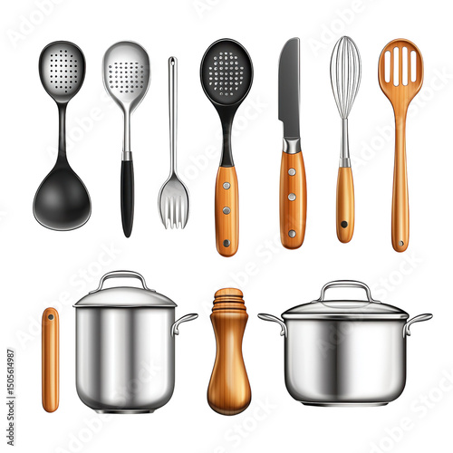 Preparing culinary delights with essential tools pots wooden spoons whisk on transparent background