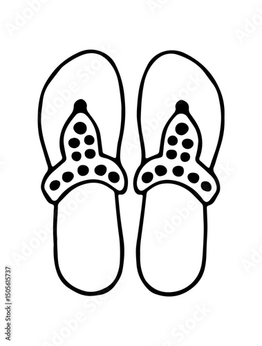 Black and white doodle vector image of flip flops. Summer footwear. Основные RGB